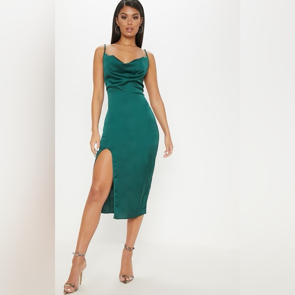 PrettyLittleThing Dresses & Skirts - PrettyLittleThing Dress Emerald Green Strappy Satin Cowl Midi Size 6
